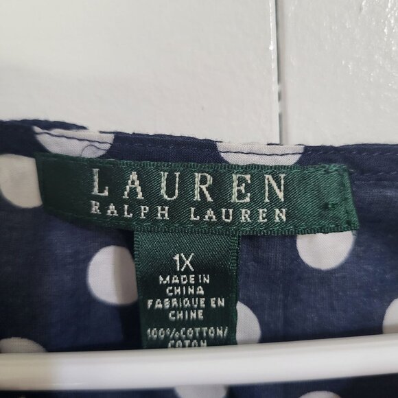 LAUREN RALPH LAUREN Womens 1X Peasant Polka Dot Blouse Semi Sheer Navy White - Picture 3 of 9